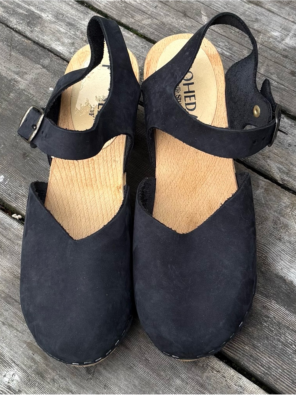 Moheda x White Stuff Black Nubuck Leather Slingback Wooden Clogs Size 9